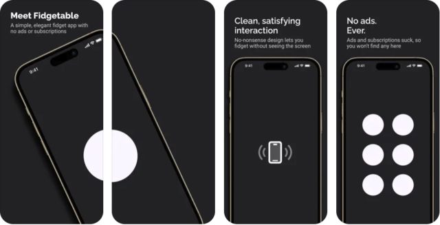 From iPhoneIslam.com, four smartphone screens showcase the Fidgetable app’s interface and features, with a focus on its simple, elegant, ad-free design. Inspired by the useful apps from iPhoneIslam, it provides a streamlined user experience for those seeking efficiency.