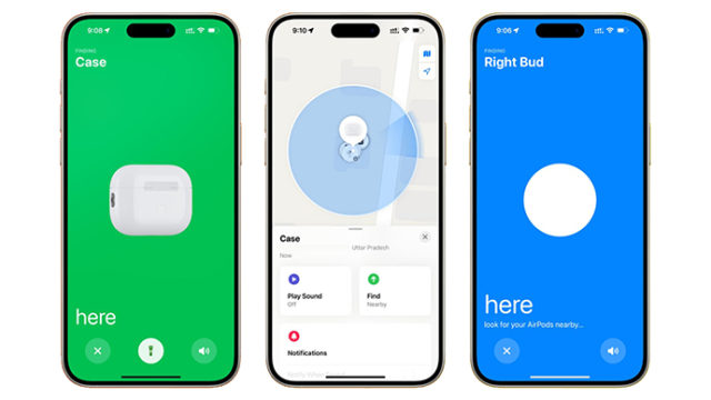 From iPhoneIslam.com, three smartphone screens display the Find My app, each showing different stages of locating AirPods: the left screen for the case, the middle for the map view, and the right screen for the right earbud.