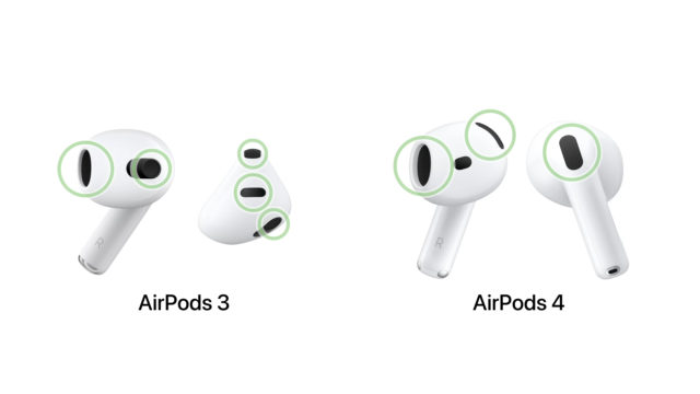 من iPhoneIslam.com، صورة مقارنة بين سماعات AirPods 3 و AirPods 4 من Apple، مع التركيز على مواضع المستشعرات المتميزة.