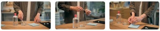 From iPhoneIslam.com, On a wooden table, a person carefully measures liquid from a bottle into a cup using a pipette. Nearby, AirPods are placed next to the task, increasingly useful for enjoying music while focusing on precise work.