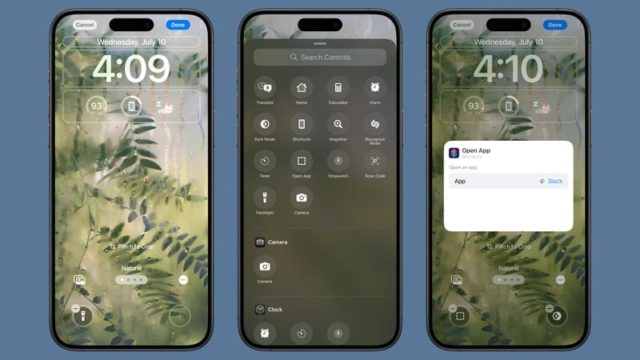 Desde iPhoneIslam.com Tres teléfonos inteligentes, incluido el último iPhone 16, ofrecen diferentes pantallas: una pantalla de bloqueo con hora y widgets, un panel de control con íconos de aplicaciones y una interfaz de acceso directo a aplicaciones como el botón de acción. Las hojas verdes crean un fondo tranquilo.