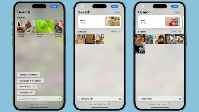 Mula sa iPhoneIslam.com, tatlong screen ng smartphone ang nagpapakita ng bagong kapangyarihan sa paghahanap sa loob ng Photos app sa iOS 18. Ang sleek na interface ay nagpapakita ng mga larawan ng mga pusa, kabilang ang mga opsyon na pinamagatang "Larry" at "Toby," na may mga resulta na nagpapakita ng mga pusa sa iba't ibang mga setting.