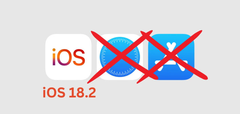 من iPhoneIslam.com، شعار IOS 18.2 مع علامة X حمراء فوق أيقونة Safari وأيقونة متجر آب ستور.