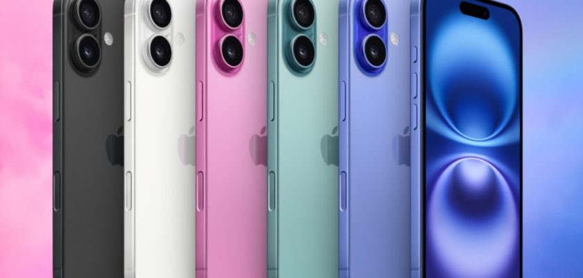 iPhoneIslam.com では、新しい iPhone 16 を含む XNUMX 台のスマートフォンが、グラデーションの背景に黒、白、ピンク、緑、青の異なる色で表示されています。