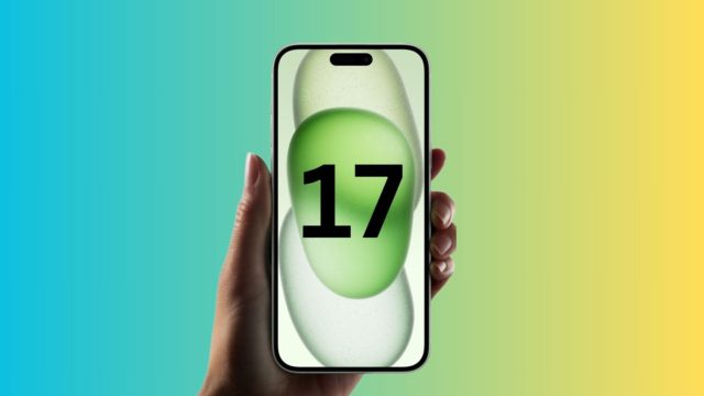 Sur iPhoneIslam.com, main tenant un smartphone iPhone 17, le chiffre « 17 » apparaît sur un fond abstrait vert et gris, avec un fond dégradé qui passe du bleu sarcelle au jaune.