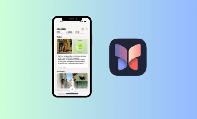 Mula sa iPhoneIslam.com, ipinapakita ng smartphone ang interface ng Journal app, na nagtatampok ng teksto at mga larawan. Sa iOS 18, mag-enjoy ng mga bagong feature para sa isang walang putol na karanasan. Ang icon ng app, na pinalamutian ng isang butterfly na disenyo, ay eleganteng ipinapakita sa kanan laban sa isang gradient na background.
