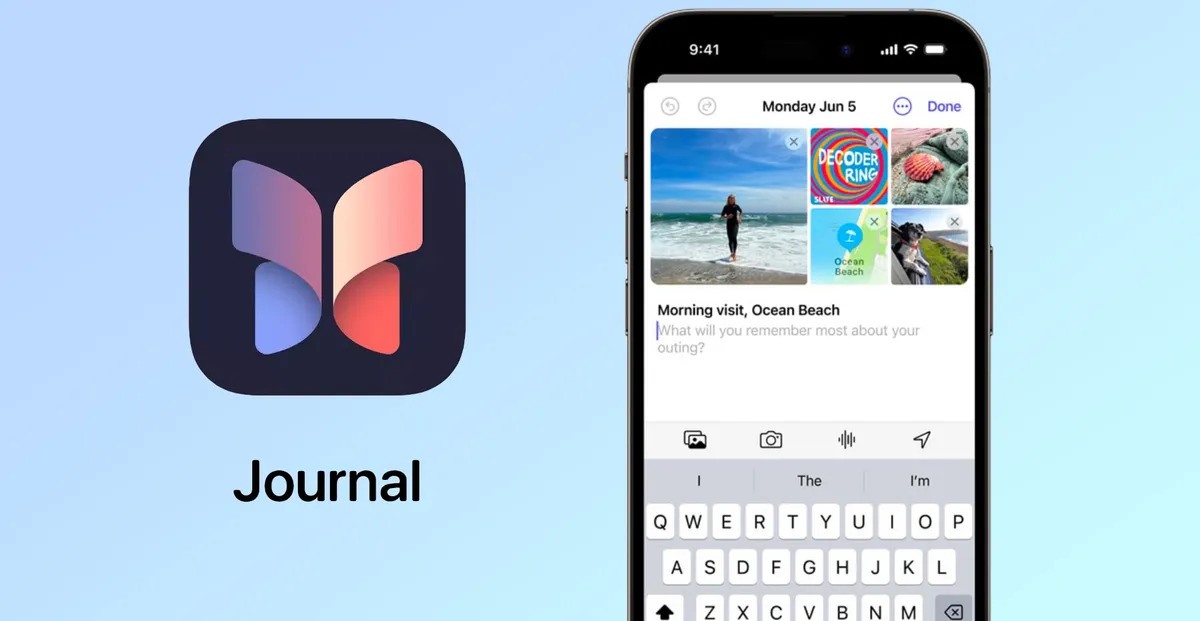 من iPhoneIslam.com، يعرض هاتف ذكي تطبيق Journal على نظام التشغيل iOS 18، ويضم نصوصًا وصورًا مؤرخة يوم الاثنين 5 يونيو. يظهر رمز التطبيق وكلمة "Journal" على اليسار، مما يسلط الضوء على الميزات الجديدة المصممة لتعزيز تجربة كتابة اليوميات الخاصة بك.