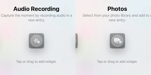 Mula sa iPhoneIslam.com, isang screenshot ng interface ng app sa iOS 18, na nagpapakita ng mga bagong feature. Nagpapakita ito ng mga opsyon na "Pagre-record ng Audio" at "Larawan", bawat isa ay may mga icon at tagubilin upang i-click o i-drag upang magdagdag ng widget, perpekto para sa pagpapahusay ng iyong karanasan sa Journal app.