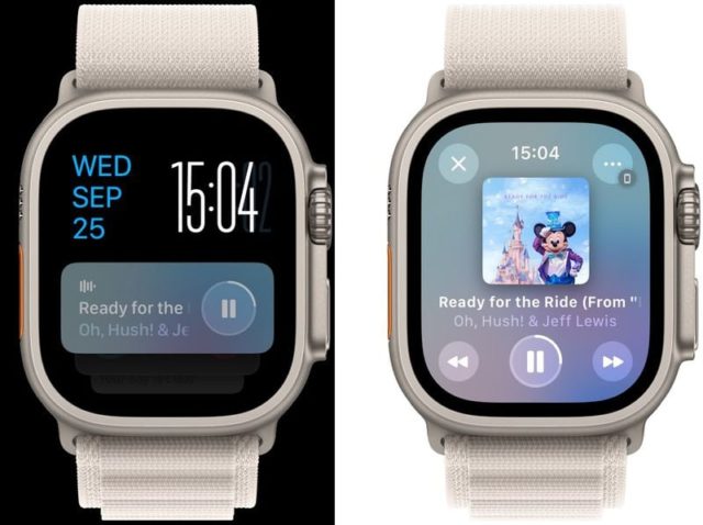 من iPhoneIslam.com، ساعتين ذكيتين تعرضان شاشات تشغيل الموسيقى. تعرض الساعة اليسرى، التي تعمل بنظام التشغيل watchOS 11، التاريخ والوقت "الأربعاء 25 سبتمبر، 15:04" مع معلومات الأغنية. تعرض الساعة اليمنى فن الألبوم وعناصر التحكم في التشغيل لنفس الأغنية، مع تسليط الضوء على ميزة جديدة.