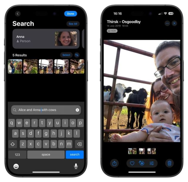 Von iPhoneIslam.com zeigen zwei Smartphones Fotos: Links zeigt die Fotos-App unter iOS 18 eine Suche nach „Anna“ mit detaillierten Ergebnissen an; Rechts ist ein ergreifendes Familienporträt mit einem lächelnden Kind und Kühen im Hintergrund zu sehen.