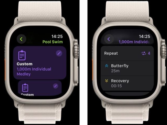 من iPhoneIslam.com، تعرض شاشتان للساعة الذكية أحدث تحديث لنظام التشغيل watchOS 11، حيث تعرض خطة تدريب السباحة. تعرض الشاشة اليسرى "Pool Swim" و"Custom"، بينما تعرض الشاشة اليمنى سباحة لمسافة 1000 متر مع "Butterfly" لمسافة 25 مترًا و"Recovery" لمدة 0:15، مما يسلط الضوء على هذه الميزة الجديدة في تتبع اللياقة البدنية.