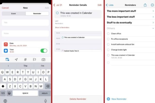 من iPhoneIslam.com، تعرض ثلاث شاشات للهواتف الذكية تطبيق التذكيرات في iOS 18 مع إنشاء حدث في التقويم، وتذكيرات مفصلة، وقائمة أولويات التذكيرات والملاحظات.