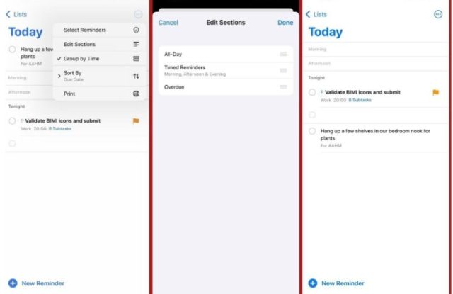 From iPhoneIslam.com, three mobile screens show the Reminders app in iOS 18, featuring a to-do list, a Today section, and intuitive options for editing sections and sorting by lists.