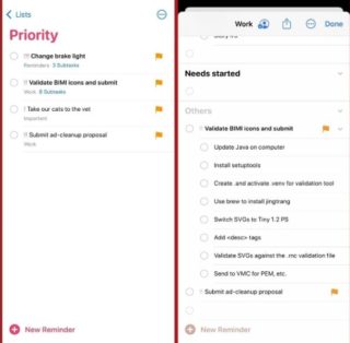 من iPhoneIslam.com، شاشتان للجوال تعرضان تطبيق التذكيرات في iOS 18. تعرض الشاشة اليسرى قائمة أولويات تحتوي على أربع مهام، بينما تعرض الشاشة اليمنى قائمة أعمال مصنفة تحت "احتياجات بدأت" و"أخرى".