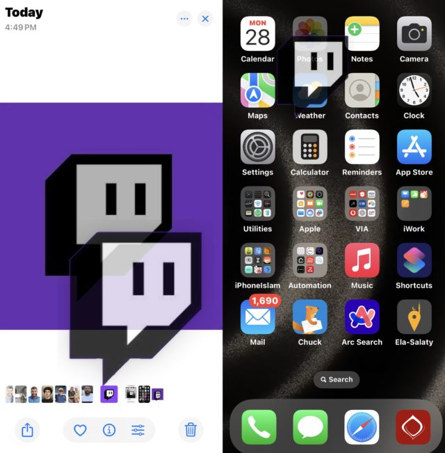 من iPhoneIslam.com، تعرض شاشة الهاتف الذكي تطبيق مراسلة يحمل شعار Twitch وأيقونات تطبيقات مختلفة على الشاشة الرئيسية، مثل التقويم والصور والكاميرا والبريد الإلكتروني مع 1690 رسالة بريد إلكتروني غير مقروءة. يتضمن الإعداد الوضع الداكن لتجربة عرض أنيقة.