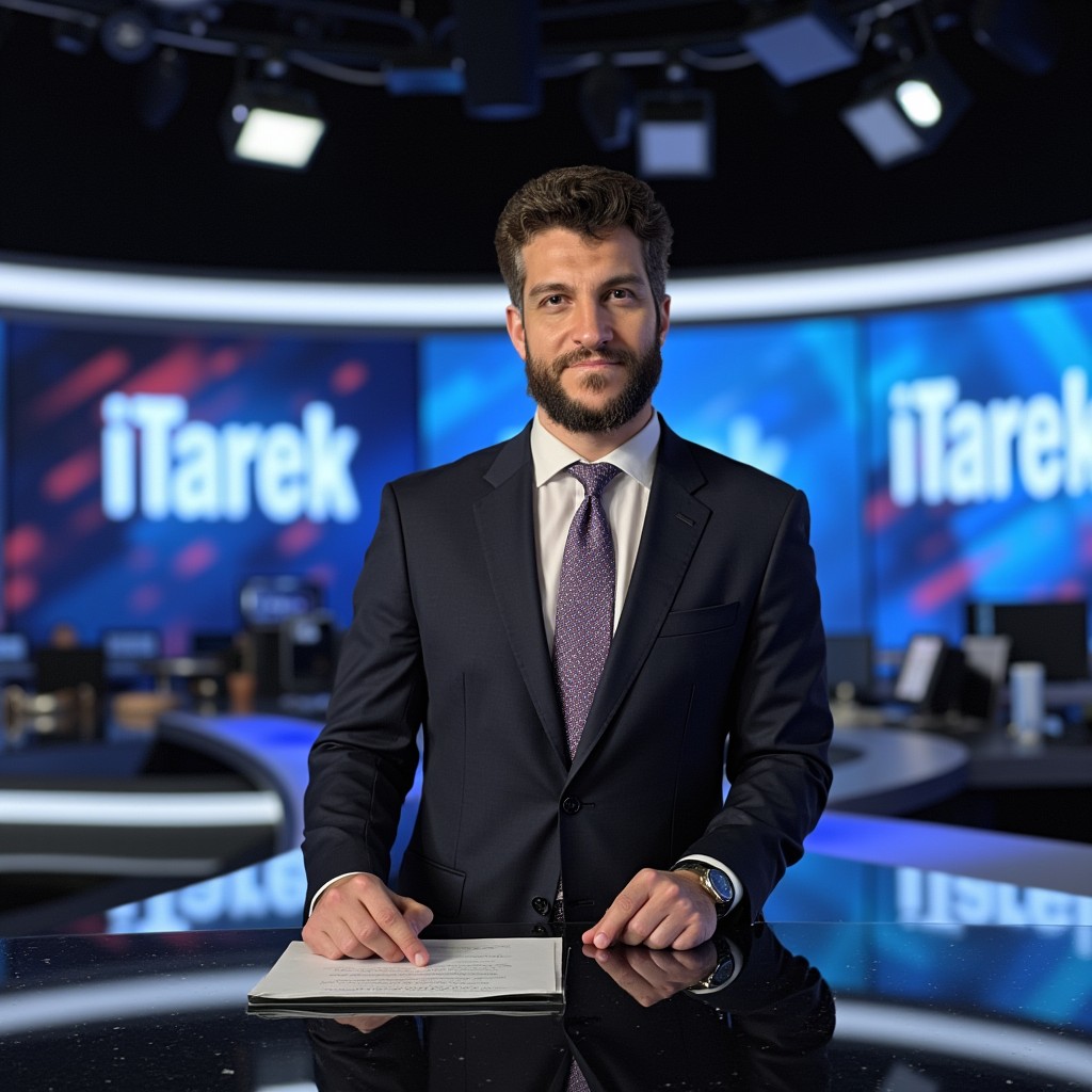 من iPhoneIslam.com، رجل يرتدي بدلة يقف أمام مكتب الأخبار مع شاشات تعرض "iTarek" في الخلفية.