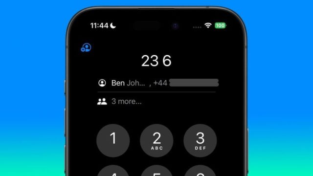 From iPhoneIslam.com, a close-up of a smartphone dial pad showing a partially invisible contact name and phone number. With iOS 18, the screen shows the time as 11:44 and a full battery icon, along with improvements to make calls faster.