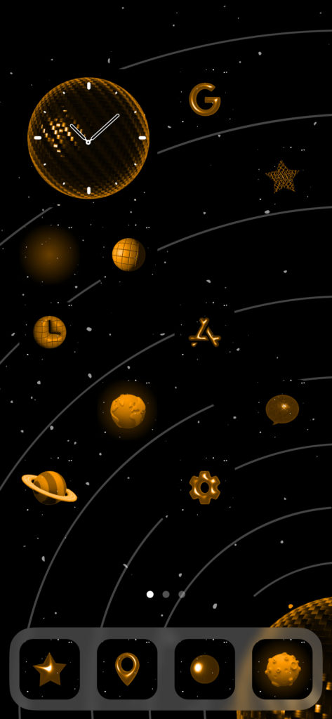 From iPhoneIslam.com, a galaxy-themed interface for your iPhone with a clock, icons resembling planets and various objects, and four navigation buttons at the bottom. The black background features white stars and curved lines that suggest orbits, perfect for customizing your home screen after the iOS 18 update.