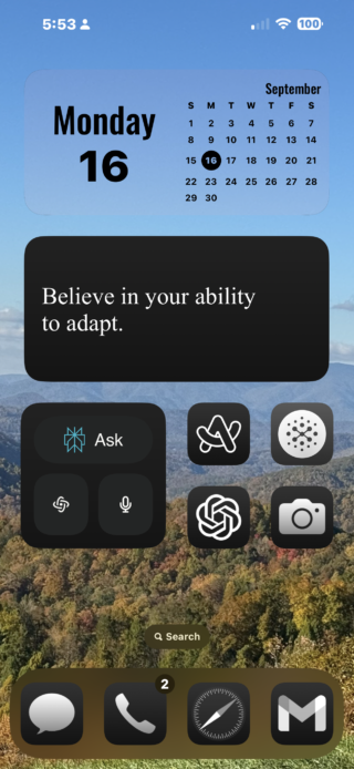 From iPhoneIslam.com, the smartphone’s home screen displays the time as 5:53, the date as Monday, September 16, and various app icons. A motivational quote reads, “Believe in your ability to adapt.” The custom home screen feature introduced with the iOS 18 update enhances this iPhone experience.