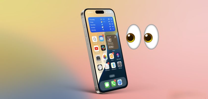 Z iPhoneIslam.com, smartfon z wyświetlaczem pokazującym nowe funkcje na gradientowym tle. Pokazano parę kreskówkowych oczu patrzących na telefon, co podkreśla ulepszoną dostępność wprowadzoną w iOS 18.