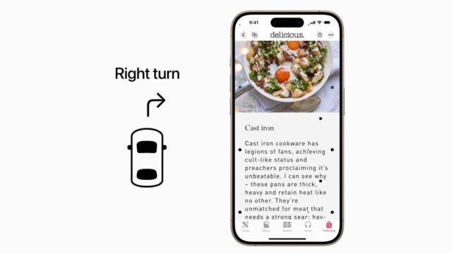 来自 iPhoneIslam.com 的智能手机显示一个食谱网页，其中包含有关铸铁炊具的提示，以及汽车右转的图形。在即将推出的 iOS 18 中探索具有改进的可访问性的无缝用户体验，它引入了四项新功能来增强您的烹饪和驾驶之旅。