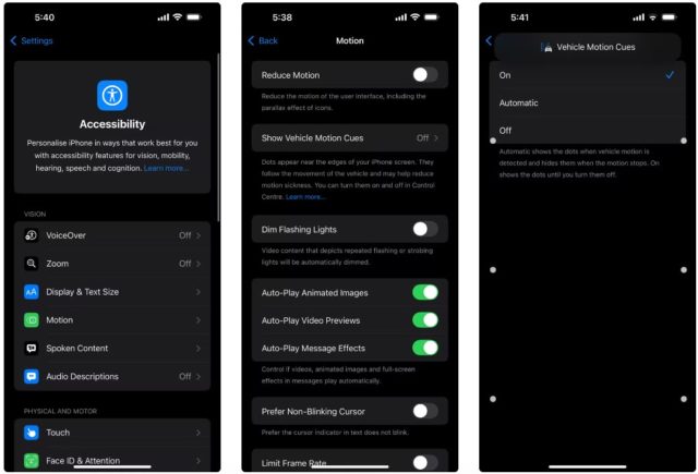 من iPhoneIslam.com، تكشف ثلاث لقطات شاشة عن إعدادات إمكانية الوصول على نظام التشغيل iOS 18، حيث تعرض خيارات VoiceOver وZoom وDisplay & Text Size. تتضمن إعدادات Motion أيضًا ميزات مثل Reduce Motion وVehicle Motion Cues، مما يسلط الضوء على التزام Apple بتسهيلات الاستخدام.