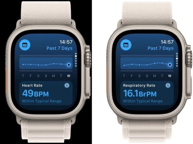 من iPhoneIslam.com، تعرض ساعتين ذكيتين بيانات صحية: واحدة تعرض معدل ضربات القلب بمقدار 49 نبضة في الدقيقة، والأخرى تكشف عن معدل تنفس بمقدار 16.1 نبضة في الدقيقة. وكلاهما ضمن النطاقات النموذجية، وذلك بفضل ميزة جديدة في watchOS تعمل على تعزيز الدقة وتجربة المستخدم.