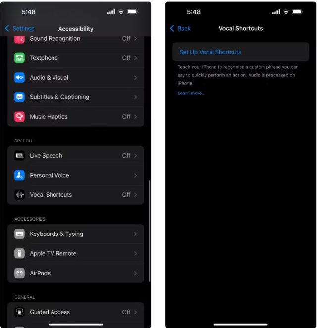 Z iPhoneIslam.com Dwa ekrany smartfonów pokazują ulepszone ustawienia dostępności w iOS 18: lewy ekran pokazuje opcje takie jak rozpoznawanie głosu i mowa na żywo, podczas gdy prawy ekran wyświetla monit o konfigurację skrótów głosowych. Odzwierciedla to lepszą dostępność w najnowszej aktualizacji oprogramowania Apple.