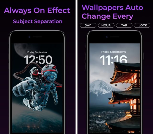 From iPhoneIslam.com, two smartphone screens: the left screen shows an astronaut with a local app feature and a digital clock; the right screen shows a tower and mountain wallpaper with a clock. Text highlights "always on effect" and "automatically changing wallpapers."