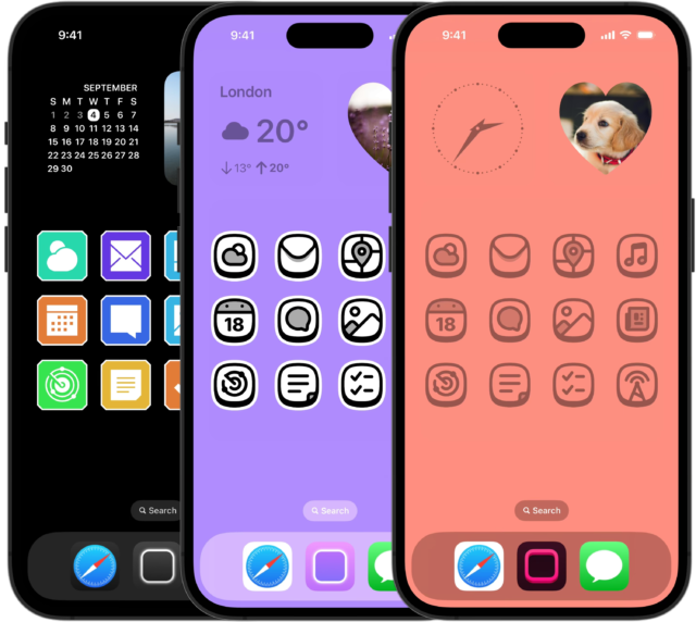 From iPhoneIslam.com, three smartphones show different home screen layouts with app icons and widgets, including a calendar, weather, and a photo widget featuring a dog. The backgrounds are black, purple, and orange, showcasing the iPhone's new home screen customization feature from the iOS 18 update.