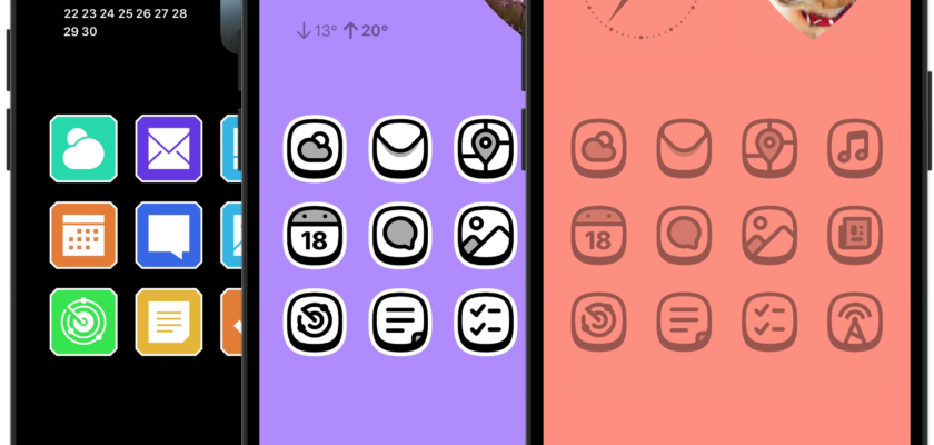 From iPhoneIslam.com, three smartphones show different home screen layouts with app icons and widgets, including a calendar, weather, and a photo widget featuring a dog. The backgrounds are black, purple, and orange, showcasing the iPhone's new home screen customization feature from the iOS 18 update.