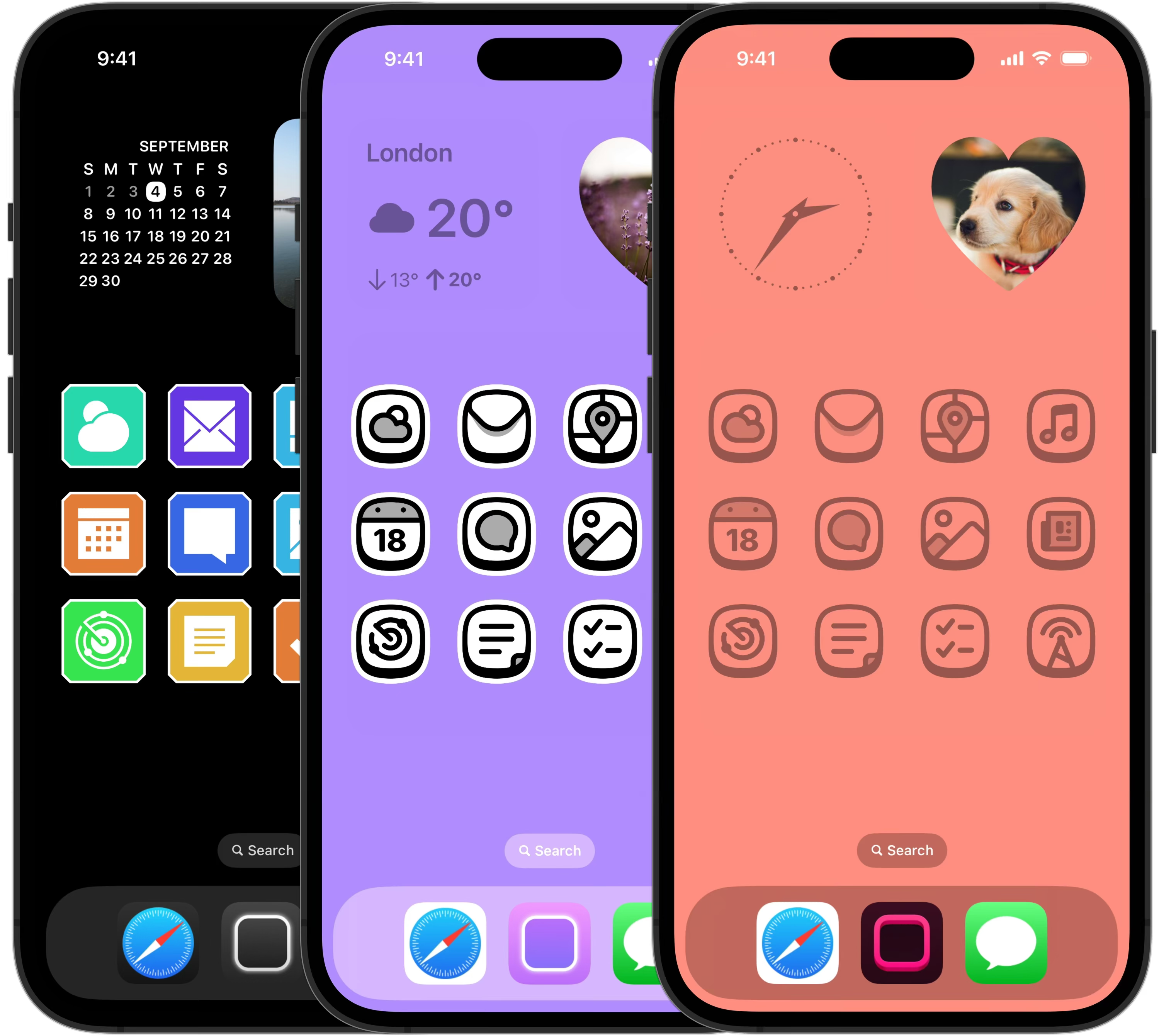 من iPhoneIslam.com، تعرض ثلاثة هواتف ذكية تخطيطات مختلفة للشاشة الرئيسية مع أيقونات التطبيقات والأدوات، بما في ذلك التقويم والطقس وأداة الصور التي تحتوي على كلب. الخلفيات باللون الأسود والأرجواني والبرتقالي، تعرض ميزة تخصيص الشاشة الرئيسية الجديدة لهاتف الآي فون من تحديث iOS 18.
