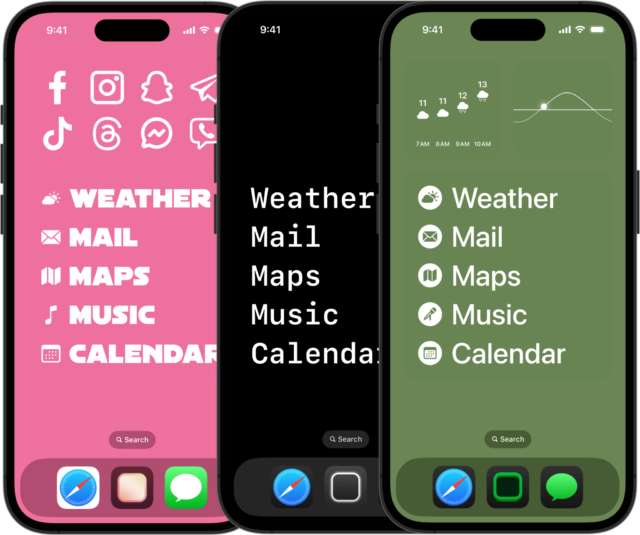 From iPhoneIslam.com, three iPhone smartphones showing three different home screens with Weather, Mail, Maps, Music, and Calendar apps/icons in different colors and designs: pink with icons, black with text, and green with text and icons. This reflects the home screen customization options available after the iOS 18 update.