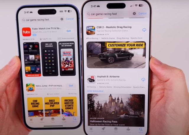 من iPhoneIslam.com، يعرض هاتفان ذكيان يعملان بنظام التشغيل iOS 18.1 نتائج البحث في متجر التطبيقات لألعاب سباقات السيارات. يعرض آي-فون الأيسر "Fubo"، بينما يُبرز آي-فون الأيمن "CSR 2 - Realistic Drag Racing" من بين خيارات أخرى، مما يُظهر ذكاء آبل في اختيار أفضل تجارب الألعاب.