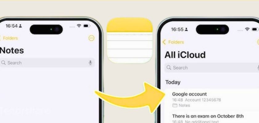 من iPhoneIslam.com، تعرض شاشتان لهاتفين ذكيين تطبيق Notes، مما يسلط الضوء على حل لمشكلة اختفاء الملاحظات. النص باللغة العربية أعلاه يقول "حل مشكلة اختفاء الملاحظات باستخدام iCloud.