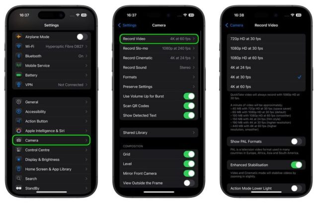من iPhoneIslam.com، تعرض شاشات الهواتف الذكية الثلاث إعدادات الكاميرا، مع التركيز على خيارات دقة الفيديو مثل 4K بمعدل 60 إطارًا في الثانية و720 بكسل بمعدل 30 إطارًا في الثانية. للمساعدة في توفير المساحة، تكون خيارات التنسيق والتثبيت مرئية أيضًا، مما يضمن تخزينًا فعالًا للآي فون دون المساومة على الجودة.