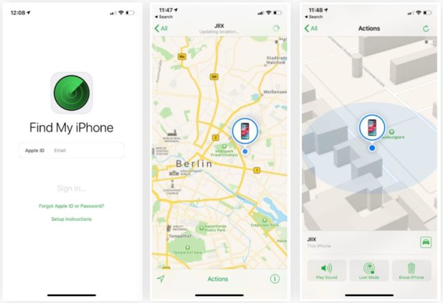 من iPhoneIslam.com، تعرض لقطات الشاشة لتطبيق Find My iPhone صفحة تسجيل الدخول وموقع الآي فون المتتبع على خريطة برلين، مع خيارات لتشغيل الصوت أو الدخول إلى الوضع المفقود أو مسح الهاتف - وهي مثالية لحالات السعادة أو سرقة الهاتف.