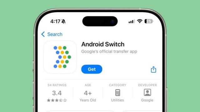 من iPhoneIslam.com، صورة مقربة لشاشة هاتف ذكي تعرض تطبيق "Android Switch" على App Store، مع توضيح تصنيفه ومتطلبات العمر والفئة ومعلومات المطور.