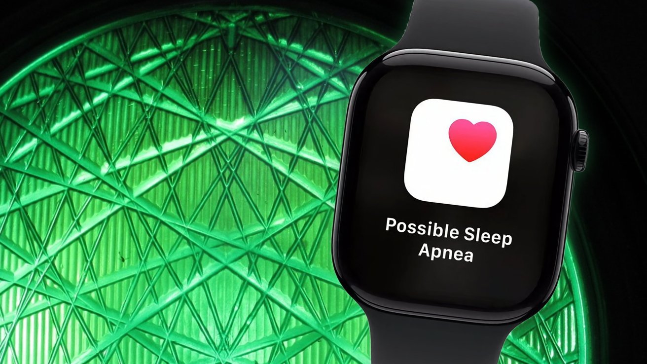 من iPhoneIslam.com، تعرض ساعة Apple Watch، بحزامها الأسود الأنيق، إشعارًا يقرأ "احتمال انقطاع التنفس أثناء النوم" على خلفية هندسية خضراء، مما يؤكد أهمية اكتشاف توقف التنفس أثناء النوم من أجل صحتك.