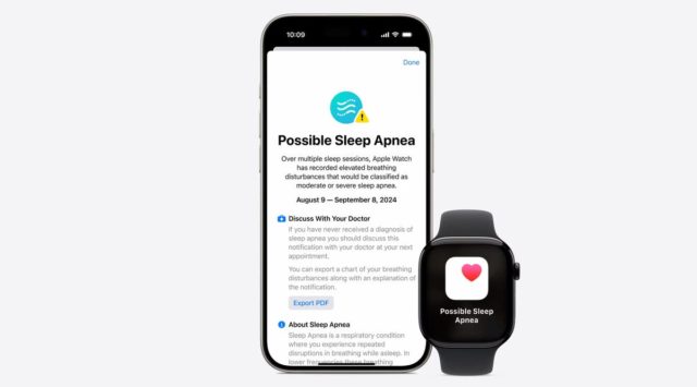 من iPhoneIslam.com، تعرض شاشات الهواتف الذكية وساعات Apple Watch إشعارًا باكتشاف احتمال الإصابة بانقطاع التنفس أثناء النوم، وينصح باستشارة الطبيب.