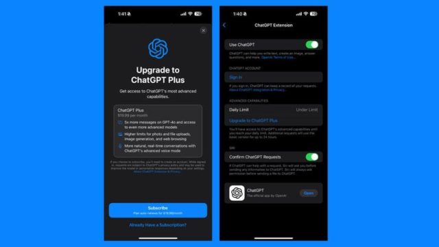 من iPhoneIslam.com، لقطة شاشة لواجهة التطبيق من نوفمبر. تعرض اللوحة اليسرى مطالبة بترقية ChatGPT Plus، مع إبراز ميزاته. تعرض اللوحة اليمنى إعدادات ملحق ChatGPT مع أزرار التبديل على الهامش.