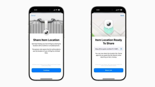 من iPhoneIslam.com، تعرض شاشتان لهاتف ذكي عملية مشاركة موقع العنصر باستخدام AirTag. تعرض الشاشة اليسرى زر الاستمرار، بينما توفر الشاشة اليمنى رابطًا قابلاً للمشاركة. ابقَ مطلعًا هذا الشهر على آخر الأخبار في مجال الابتكارات التقنية.