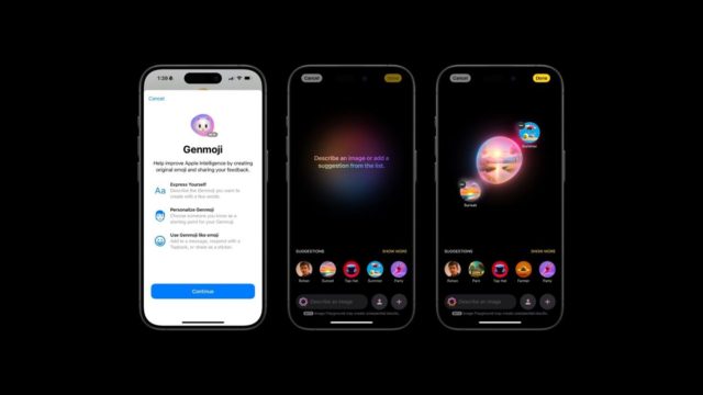 من iPhoneIslam.com، تعرض ثلاث شاشات للهواتف الذكية واجهة تطبيق Genmoji، وتستعرض مقدمة واقتراحات للصور الرمزية وخيارات التخصيص على خلفية داكنة. ابق على اطلاع بأحدث الأخبار أثناء تخصيص شخصيتك الرقمية في نوفمبر/تشرين الثاني.