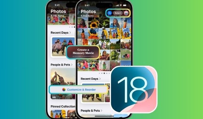 من iPhoneIslam.com، يعرض هاتفان ذكيان واجهة معرض الصور، حيث تمزج بسلاسة بين الصور والميزات المختلفة. ويظهر في المقدمة رمز iOS 18، مما يشير إلى الجنة الرقمية لمكتبتك.