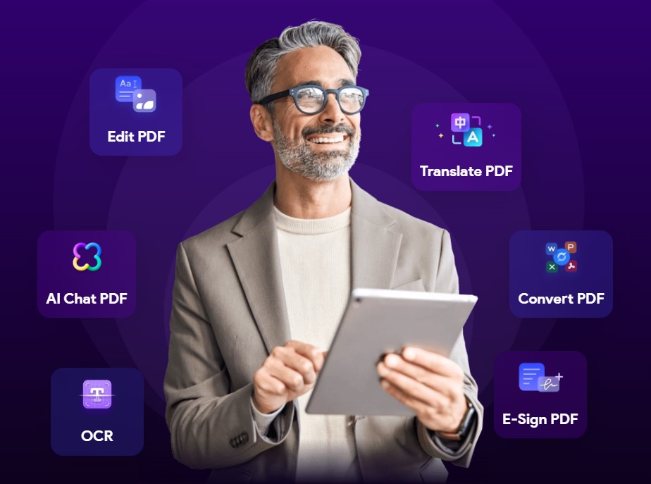Dari iPhoneIslam.com, seseorang yang memegang tablet dikelilingi oleh ikon berlabel: Edit PDF, Terjemahkan PDF, AI PDF Chat, Convert PDF, OCR, dan eSign PDF. Latar belakang ungu tua menonjolkan fitur-fitur canggih UPDF untuk mengedit file PDF dengan mudah dan akurat.
