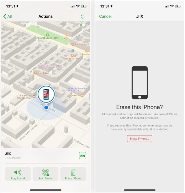 من iPhoneIslam.com، لقطة شاشة لتطبيق "Find My" على iPhone. على اليسار: خريطة توضح موقع iPhone لمساعدتك على تتبعه بعد ظهور آي فون. على اليمين: خيار مسح الآيفون عن بعد، وهي خطوة حاسمة في حالة مواجهة قراءة الآي-فون.