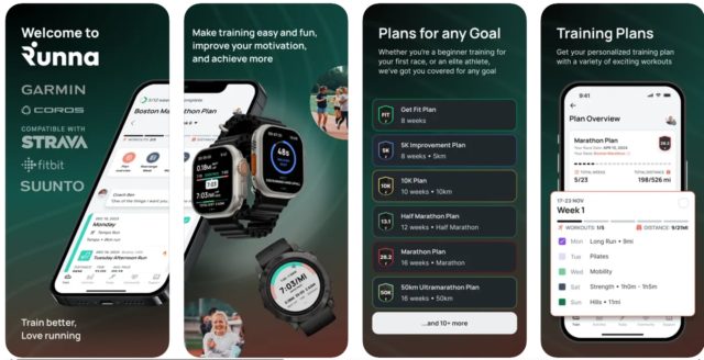 من iPhoneIslam.com، صورة ترويجية لتطبيق Runna 2024 توضح توافقه مع العديد من الساعات الذكية، بما في ذلك Apple. اكتشف خطط التدريب المصممة لأهداف متنوعة واستكشف نظرة عامة على خطة التدريب النموذجية. انضم إلى ثورة اللياقة البدنية التي تعترف بها جوائز متجر التطبيقات!