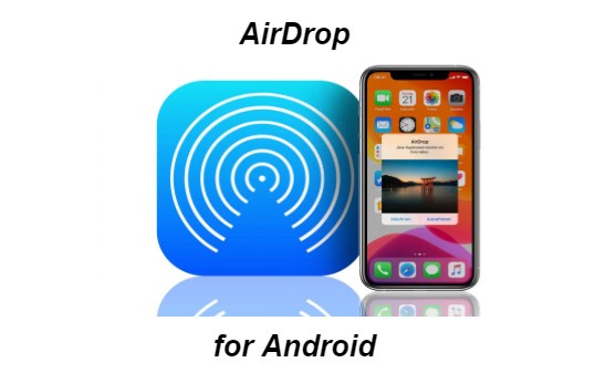 من iPhoneIslam.com، أيقونة AirDrop بجوار شاشة الهاتف الذكي، مع النص "AirDrop for Android"، تعمل على سد الفجوة بشكل سلس مع تقنية Apple.