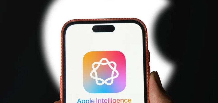 من iPhoneIslam.com، تحمل اليد هاتفًا ذكيًا يعرض شعار "Apple Intelligence" على الشاشة، على خلفية شعار Apple المتوهج، ويتكامل بشكل سلس مع نظام iOS 19 للحصول على تجربة مستخدم محسنة.