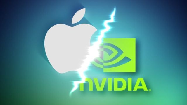 من iPhoneIslam.com، تنقسم شعارات Apple و NVIDIA بخط متعرج، يرمز إلى الانقسام.